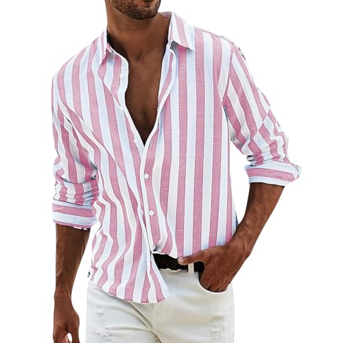 Generisch Mens Shirts, Herren Hemd Langarm Gestreifte Button Down Regular Fit Freizeithemd Shirts Weißes Stretch (M, Rosa)
