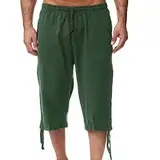 Beokeuioe 3/4 Länge Hosen Kurze Hose Herren Leinen-Shorts Sommerhose Bermuda Sommer Dreiviertel Cargohose Herrenshorts Strand Yoga Jogger Casual Sporthose Mit Taschen