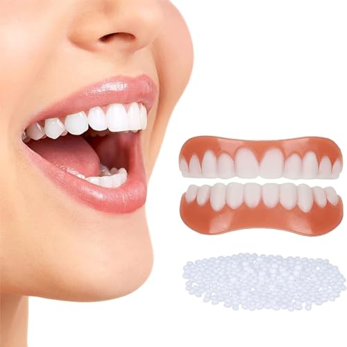 2 Paar Veneers Zähne Oben und Unten, Zähne zum Aufstecken mit 2 Box, Zahnspangen Künstliche Zähne, Aufhellung Zahnersatz, Falsche Zähne Temporäre Bleaching Reparatur Kit für Männer und Frauen