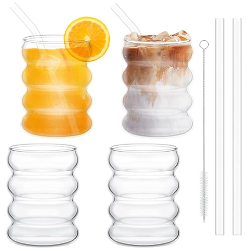 Pgtc Bubble Gläser 350 ml mit Strohhalm, Set mit 4 gerippten Gläsern, Glasgläser, Wassergläser für Milch Macchiato, Eiskaffee, Whisky, Cocktails, Joghurt, Soda Kaffee (A)