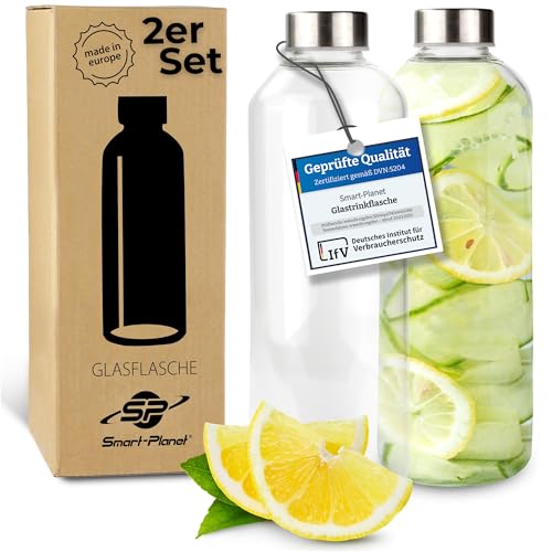 Smart-Planet 2er SET hochwertige Trinkflaschen aus Glas - Glasflasche aus Borosilikat Glas - 1L Glastrinkflasche mit Metalldeckel in Edelstahloptik - für Sport