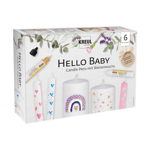 KREUL 49758 - Candle Pen 6er Set Hello Baby, 6 x 29 ml, feine Malspitze, Farben mit Bienenwachs zum Verzieren und Bemalen von Kerzen