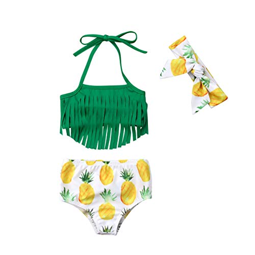 WangsCanis Baby Mädchen Badebekleidung Tankini 3-teiliges Badeanzug Quasten Blumen Ananas Wassermelone Sommer Bikini Set (0-6 Monate, Grün)