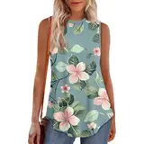 Basic Top Damen Blumendruck Rundhals Ärmellos Tshirt Locker Swing Tanktops Elegant Basic Tops Sommermode Blusentop Sport Trägershirt Leicht Luftig Strand Shirt (Mint Green,L)
