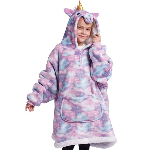 Giggling Getup Einhorn tragbare Decken Hoodie, Übergrößer weicher Sherpa Fleece Kapuzen Decke, Warmer komfortabele Plüsch Flanell Decken Sweatshirt mit Tasche und Ärmeln für Kinder Mädchen