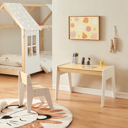 [en.casa] Kinderschreibtisch Set mit Stuhl Skinnskatteberg Kindertisch mit Schublade Schreibtischstuhl mit Armlehne Holz Weiß Kinderspieltisch Maltisch für Kinder