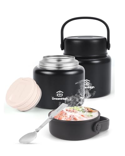 Dreamhigh® Thermobehälter für Essen 500 ml, Edelstahl Warmhaltebehälter Essen mit Griff, Thermoskanne Essen Auslaufsicher, inkl. Löffel, 12 Stunden Heiß, 12 Stunden Kalt (Schwarz-500ML)