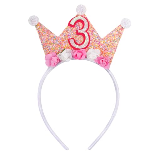 Lufdegim Geburtstagskrone Mädchen Prinzessin Krone mädchen Geburtstag Stirnband mit Rose Blumen, Geburtstagskrone Mädchen Haarband für 3/4/5/6 Jahr Geburtstag Hut Party Supplies (3)