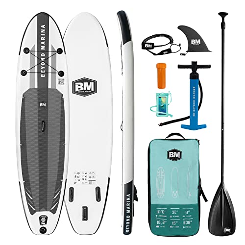 BEYOND MARINA Aufblasbares Paddle Board Stand Up Paddle Board, 320 x81 x15CM Featherlight Sup Board für Jugendliche & Erwachsene | Premium Double Action Pumpe, Rucksack, Fiberglas Paddel, Leash, Grau