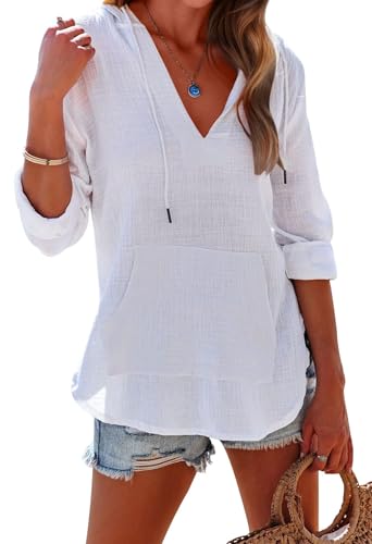 Fisoew Damen Kapuzenpullover Langarm T-Shirts Baumwolle Strandtunika V-Ausschnitt Strandkleider mit Taschen Sweatshirt Strand Vertuschen Shirt