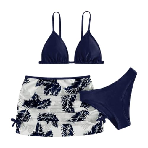 Bikini MäDchen Set 3Er RüCkenfrei Top Und Bikinihose Badeanzug Falten Mit Rock BadeanzüGe Sommer Badebekleidung Mit Blumenmuster Hautfreundlich Atmungsaktiv Schwimmanzug (z2-Dark Blue, 12-13Years)
