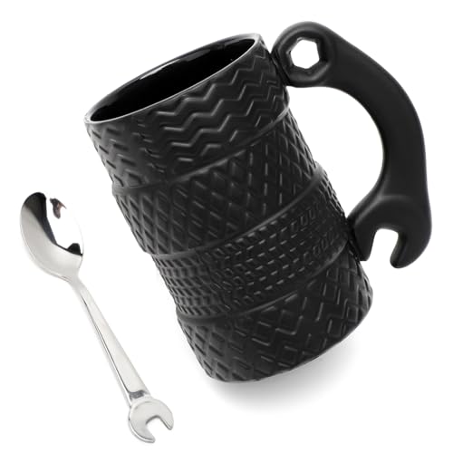 Umllpet Reifentasse mit Löffel 500ML, Große Kaffeetasse aus Keramik, 3D Henkel Autotasse, Vatertag Geschenk für Männer, Papa, Autoliebhaber & Mechaniker, Ideal für Büro, Zuhause und Geburtstag