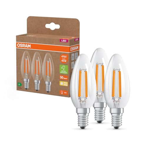 Osram Hocheffiziente LED Lampen mit Energieeffizienz Klasse A, Vorteilspack mit 3 Leuchtmittel, ersetzt herkömmliche 40W Glühbirnen, Kerzenform, warmweiß(2700K), E14, Filament Glas