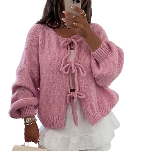 Yassiglia Y2k Strickjacke Damen Kurz Schleife Vorne Cardigan Leichte Warme Pullover Strick Tops Elegante Strickjacken Für Damen Teenager Mädchen (Rosa, S)