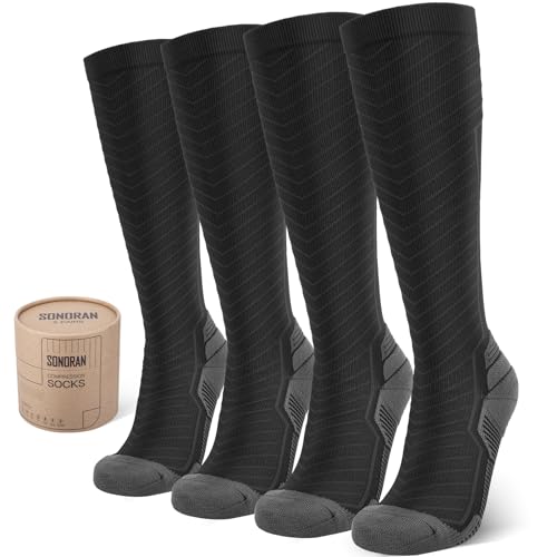 SONORAN 2 Pairs Kompressionsstrümpfe Damen und Herren Klasse 2 Stützstrümpfe Kompressionssocken Compression Socks Kompression für Running, Reisen, Sport XXL （Schwarz Grau）