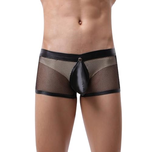 GKLWEJ Unterwäsche Herren Sexy, Herren Boxershorts Transparent und Sexy, Kunstleder Unterwäsche Herren, Herren Unterhosen Sexy, Sexy Boxershorts für Männer, Sexy Unterwäsche für Mann,Schwarz XL