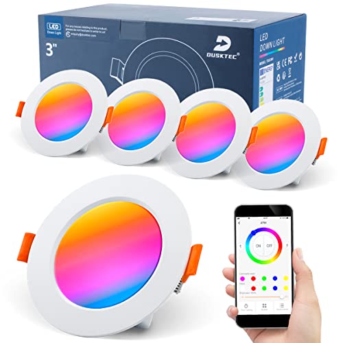 DUSKTEC Einbaustrahler LED RGB 7W, 230V LED Spots Farbwechsel 4er Set, Spots Deckenleuchte Bunt Bluetooth, IP44 LED Deckenspots Weiß, Deckenstrahler Farbig, Einbauleuchten Dimmbar via APP