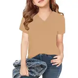 T-Shirt für Mädchen V-Ausschnitt Kurze Oberteile Einfarbig Kurzarmhemd Atmungsaktiv Croptop Freizeit Kurzarm Top Sommer Shirt Kinder Tshirt Beige 160