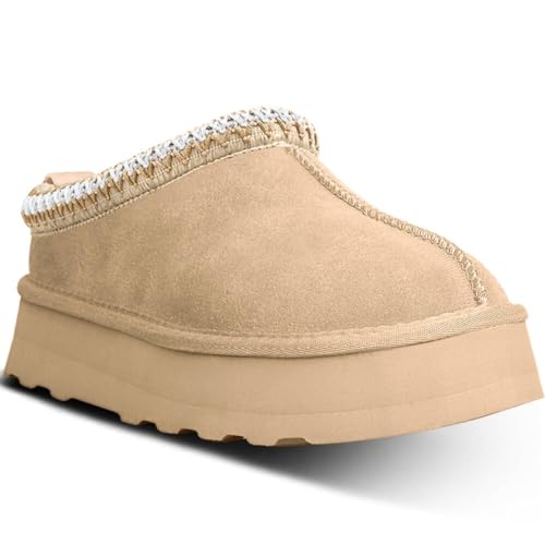 metricfalcon Plateau-Mini-Stiefel für Damen, Hausschuhe, Slipper aus Pelz/Fleecefutter/Wildleder, kurze Stiefeletten, Beige, 39 EU