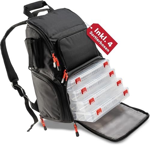 Paradox Fishing Angelrucksack mit Boxen I inkl. 4 Boxen I Angeltasche mit Boxen Angelkoffer