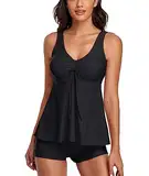 Tankini Damen Badeanzug Push Up Top Oberteil Bauchweg Bademode Oberteil Set Damen Freizeit Tankini Badeanzug Zweiteiler Sommer Elegant Badeanzüge für Damen Tankini mit Badeshorts Set Schwarz L