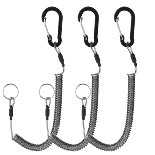 Dimeho 3 Stück Spiral Schlüsselanhänger, Outdoors Spiralkabel Elastisch Angeln Lanyards, Einziehbares Sicherheitsseil, Angelruten-Halteseil, Zubehör mit Clip Aus Aluminiumlegierung für Zangen(schwarz)