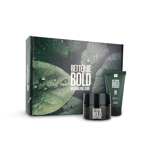 BETTER BE BOLD Geschenkbox für Glatzenträger mit UV-Schutz "NO BURN(OUT)" | Mattierende Glatzencreme (0-3mm) & invisible Sunfluid LSF 30 | Premium-Pflege für Glatzenträger