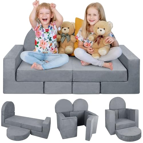 Babenest 7PCS Spielsofa für Kinder, Schaumstoff Bausteine für Zimmer, Modulares Kindersofa Weicher Kindermöbel Couch für Jungen und Mädchen Entwicklung Intelligenz (Grau)