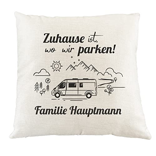 CAMPERVAN-STORE Deko Kissen mit Camping Motiv und Namen personalisiert, Wohnmobil Kissen, Camping Zubehör, Happy Camper, Camping Deko, Home is where you park it