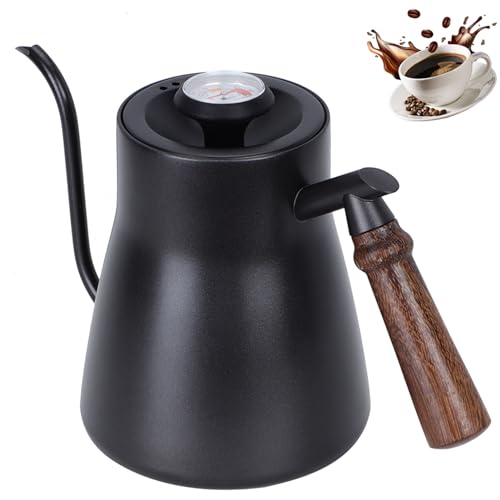 Schwanenhals Wasserkocher, 850ml Gooseneck Kettle mit Thermometer, Kaffeekessel mit Holzgriff, Gooseneck Kettle, Wasserkocher Schwanenhals für alle Herdtypen, Langlebig und Einfach zu Reinigen