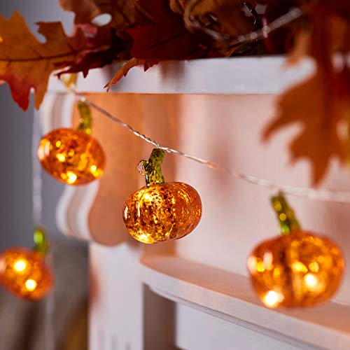 Lights4fun 20er LED Micro Halloween Lichterkette Kürbis warmweiß Timer Batterie Glas Kürbis Lichterkette Herbstdeko Lichterkette mit Timer Halloween Deko