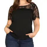 MRULIC Neu Damen Schwarz Tops Pailletten Patchwork Schulter lose Bluse Kurzarm Tops Cami Hemd Sweatshirt(B-Schwarz,EU-48/CN-3XL)