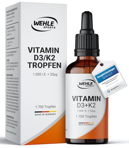 Vitamin D3 K2 Tropfen Hochdosiert [1000 IE] - Vit D3 K2 Hochdosiert - Vitamin D K2 - Vitamin D3 K2 Öl - Vitamin D3 K2 1000 IE - 50ml 1700 Tropfen - Hoch Bioverfügbar - LABORGEPRÜFT Wehle Sports®