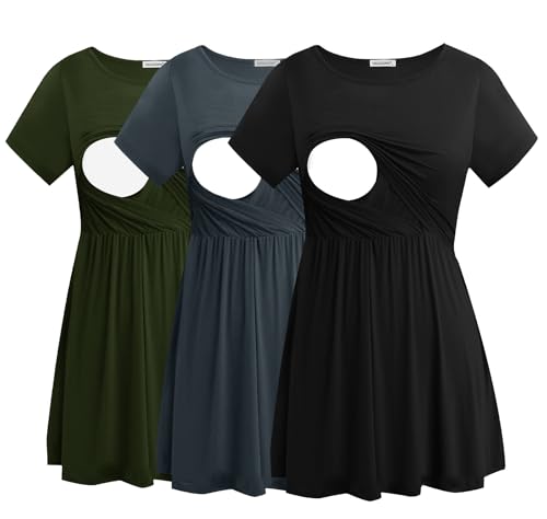 Smallshow Damen Stillshirts Umstandsmode Tops Schwangerschafts Stilltop 3er Pack,Army Green-Black-Dark Grey,M