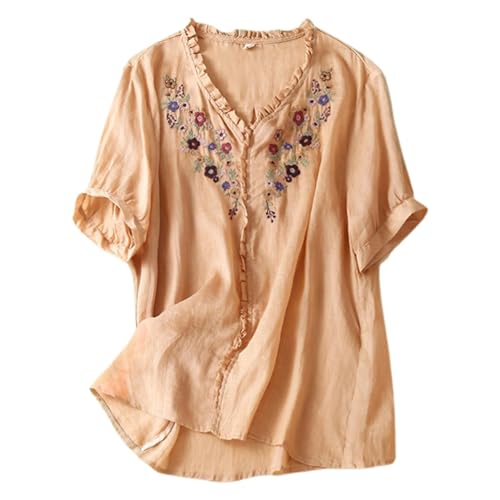 Bluse aus Baumwolle und Leinen, kurzärmlig, für Damen, lockere Blusen, Tunika, Sommer, Boho, Vintage, Stickerei, Top, locker, atmungsaktiv, T-Shirt, große Größe, günstig, Mode, Bluse, #103, 50
