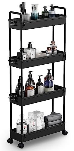 SOLEJAZZ Rollwagen mit 4 Ebenen, Schmale Rollwagen Nischenregal auf Rollen für Küche, Bad, Waschküche, Schlafzimmer, schmale Plätze, Kunststoff,mit Griffen, 13 x 40 x 86.3 cm,Schwarz