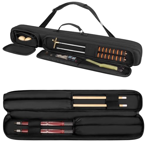 Rexmica 2x2 Billard Queue Tasche für bis zu 2 Unterteile und 2 Schäfte, Billiardstock Tasche mit Griff und abnehmbarem Schultergurt, Schwarz