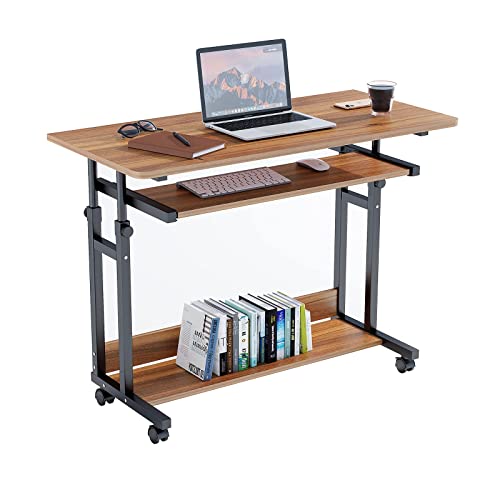 Dripex Computertisch höhenverstellbar Schreibtisch mit Rollen, Kleiner Computertisch auf Rollen, Beistelltisch, Laptoptisch mit Tastaturauszug,PC Tisch klein für Home Office, Dunkelbraun