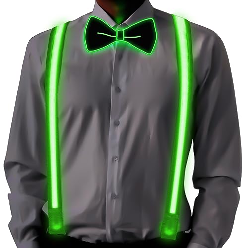 Ainiv Leuchtende Herren LED Hosenträger und Fliege 2 Stück/Set, Verstellbare Light Up Krawatten und Y-Form Leuchtende Hosenträger mit 3 Blitzmodi für Halloween Party, Musikfestival, Weihnachten (Grün)