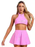 TiaoBug Damen Wetlook Dessous Set Sexy Neckholder Crop Top und Hohe Taille Skater Teller Glocken Rock Lack Leder Optik Gogo Raver Outfit Clubwear Hot Pink Crop Top L