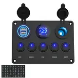 MICTUNING 5-polige Kippschalter Panel mit LED-Licht 12V/24V 4.2A Schalter Panel mit Dual-USB-Ladegerät Digital Voltmeter Zigarettenanzünder-Buchse für Wohnmobil KFZ Boot