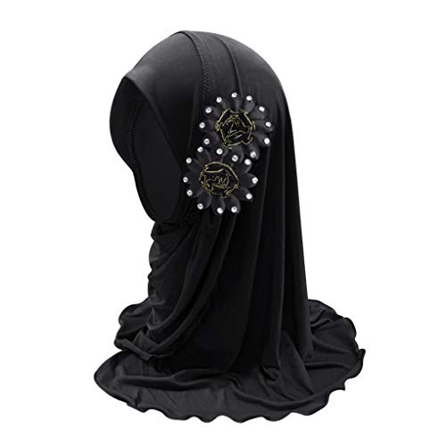 Mädchen Muslimischer Hijab Kinder Bandana Kopftuch Hut Mädchen Moslem Schal Turban Hut mit Blumen Sommer Arabische Hals Islamische Kopfkappe Kopfbedeckung Sonnenschutz Kappe, 2-7 Jahre alt (Schwarz)