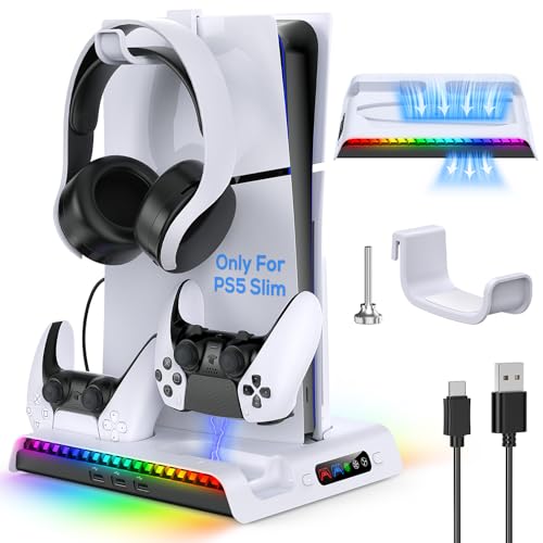 MENEEA Ladeständer Stand für New PS5 Slim mit Lüfter, Station für DualSense/Edge Controller mit RGB Licht, Headset Hook.3 USB Hubs, Kühler für Playstation 5 Slim Disc& Digital Edition Konsole 2023