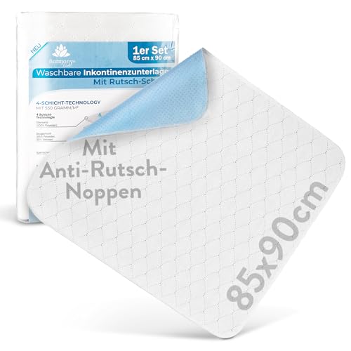 Harmony Care® Inkontinenzunterlage waschbar 85x90 cm [mit Anti-Rutsch-Noppen] - 1x rutschfeste Inkontinenzauflage - atmungsaktive Inkontinenz Bettunterlage