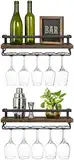 Mkono Wandmontierte Weinregale 2er Set Holz Rustikale Weinflasche Glas Schwimmregale mit Stemware Aufhänger Moderne Weindisplay Aufbewahrungshalter für Küche Esszimmer Bar