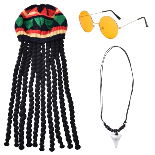 BDSHUNBF 3 Stück Mütze Rasta Dreadlocks, Rasta Hut Mit Gelber Brille Und Halskette, Langer Geflochtener Maskerade Kostümzubehör, Reggae Hut für Partys