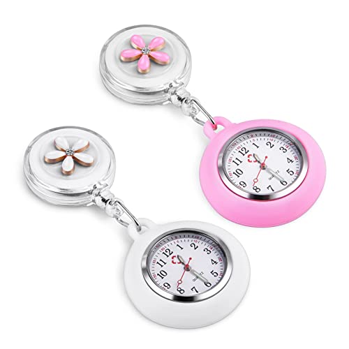 Vicloon Krankenschwester Armbanduhr Einziehbare, 2 Pcs Schwesternuhr mit Glow Pointer und Clip, FOB-Uhr Quarzwerk, Silikonband, Ansteckuhr Fob für Krankenschwestern und Ärzte (Weiß + Pink)