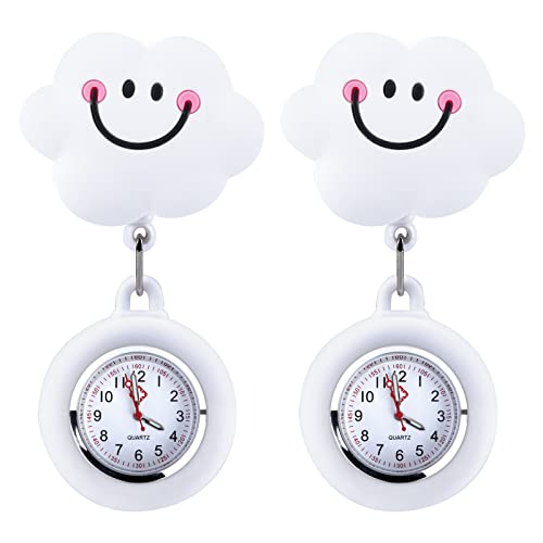 Vegena Krankenschwesteruhren - 2 Stück Krankenschwester Uhr Weiß Wolken Taschenuhr Silikonhüllen Schwesternuhr Ansteckuhr fob Taschenuhren Zeiger Pflegeuhr mit Clip für Damen Herren Pfleger Doktor