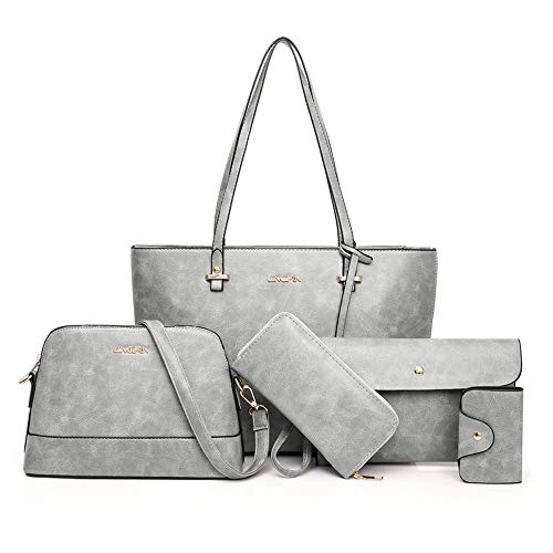AlwaySky Handtaschen-Set für Damen 5er Pack Tote Geldbörse Handtaschen Set PU-Leder Schulranzen Umhängetasche Brieftasche Kartenhalter Taschenset, Grau