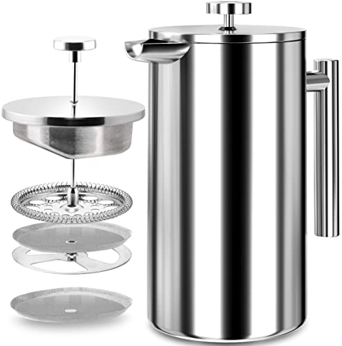 KICHLY French Press Kaffeebereiter 34 Oz - 1000 ml (4 Kaffeebecher / 8 Kaffeetassen) - Kaffeemaschine mit dreifachem Edelstahlfilter & isolierten Wänden - Silber